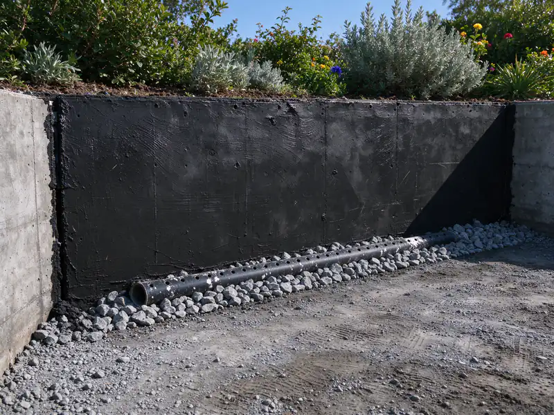 Back face of a poured retaining wall coated with a dark damp-proofing layer above a gravel drain