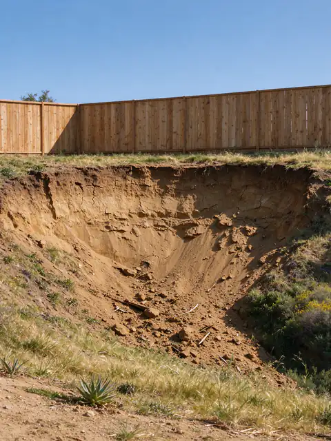 Backyard slope above a canyon with a fresh slump scar near the top and a fan of loose soil spread across the slope below
