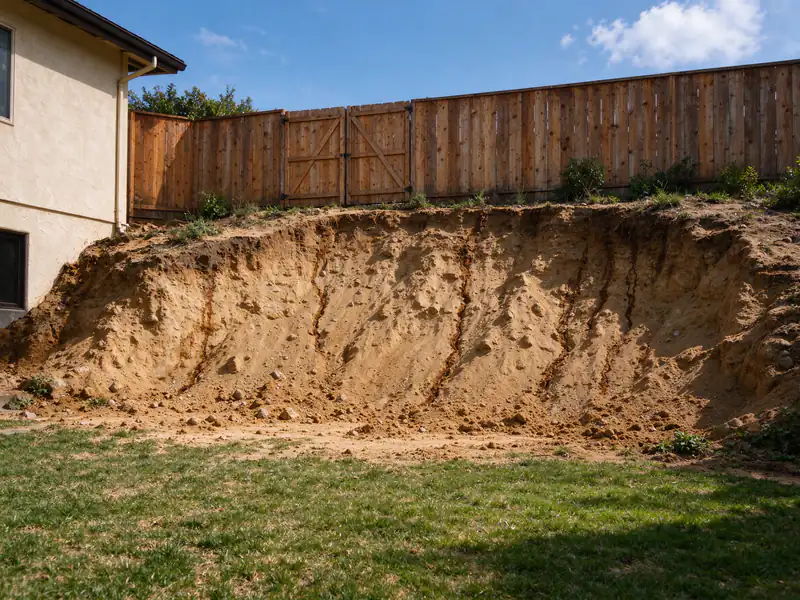 Bare, eroding slope at the back of a San Diego yard with no retaining wall
