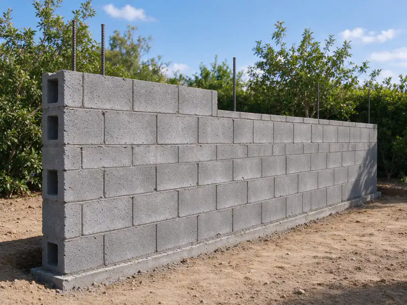 Block wall under construction with rebar standing in open cells above a concrete footing