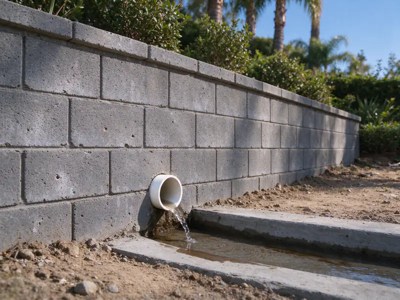 Clean drain outlet discharging into a concrete drainage channel at the foot of a retaining wall