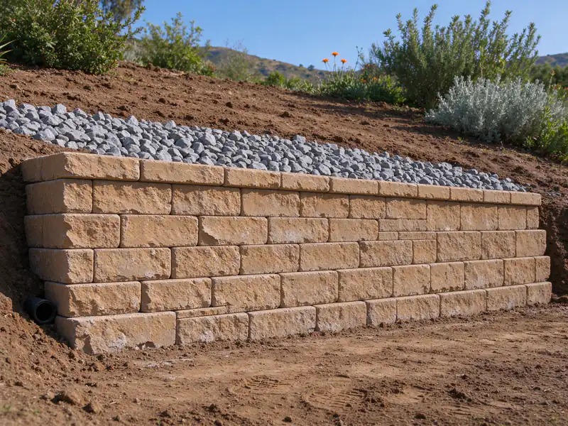 Clean drainage gravel filling the space behind tan segmental block courses, with a drain pipe at the base