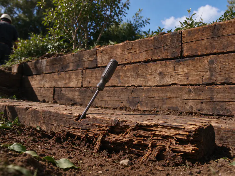 Close view of a rotted railroad tie at the soil line, with a screwdriver pushed into the soft wood