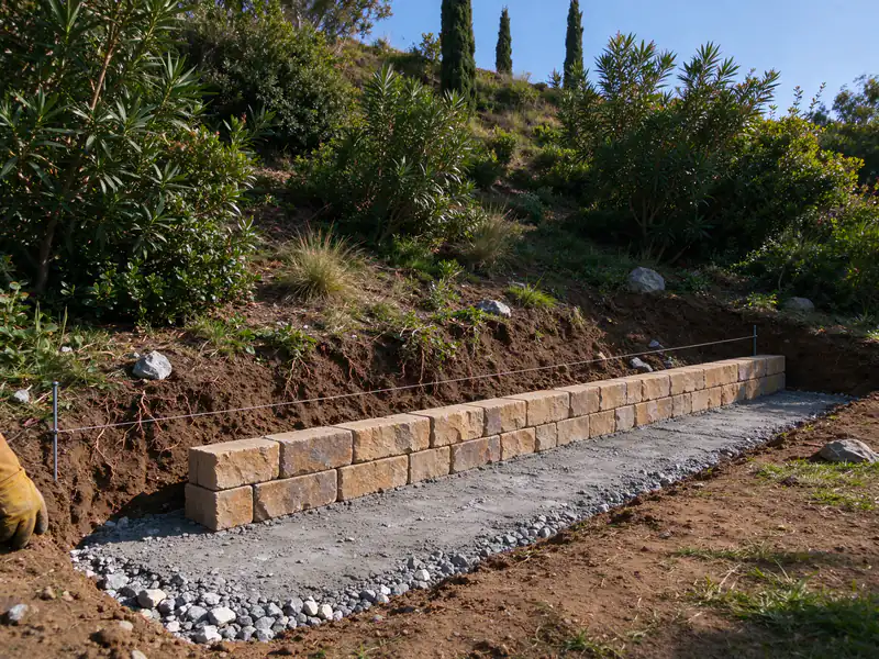 Compacted crushed-rock leveling pad in a trench with the first course of segmental units set to a string line