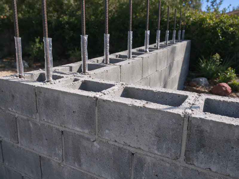 Courses of gray concrete block laid in running bond with vertical rebar in the open cells