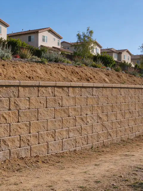 Curved segmental block retaining wall following a canyon-side slope below homes in Tierrasanta