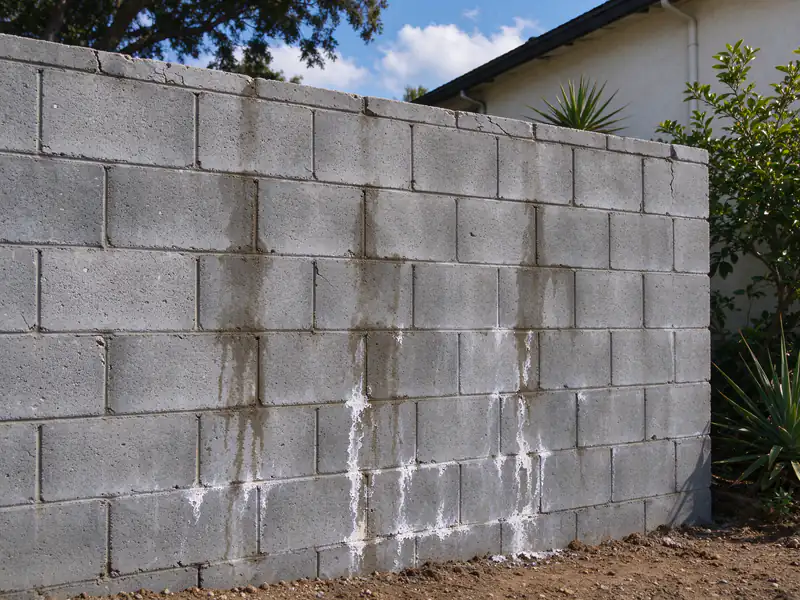 Dark damp staining and white deposits spreading down the face of a block retaining wall from its joints