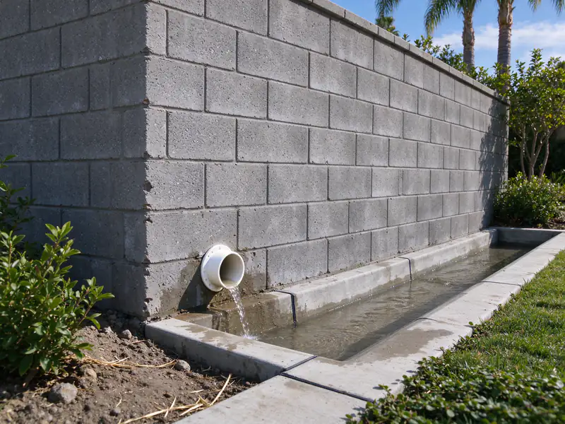 Drain outlet at the base of a commercial block retaining wall discharging into a concrete gutter