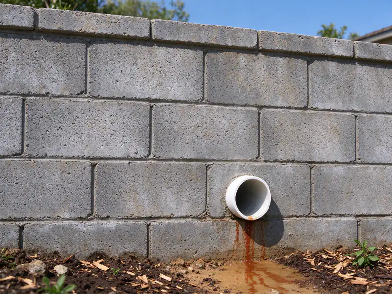 Drain outlet at the base of a grouted block retaining wall with a soil stain spreading below it after rain