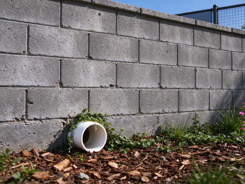 Drain outlet at the base of a retaining wall half buried under mulch and planting