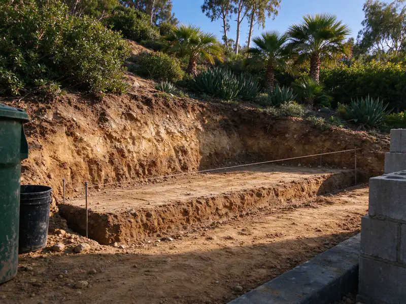 Excavated bench cut into a hillside for a new retaining wall footing, with a string line along its edge