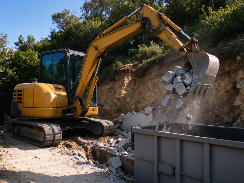 Excavator bucket lifting broken block and footing concrete out of a backyard wall trench into a haul bin