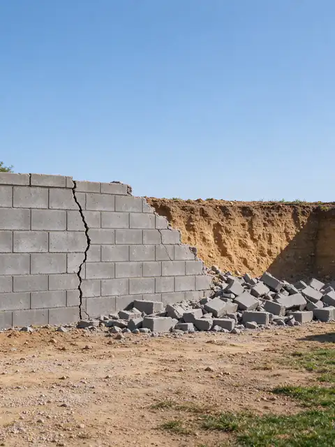 Failed concrete block retaining wall partly dismantled in a San Diego backyard, with broken block stacked for haul-off and the slope cut back behind it