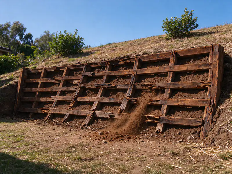Failed timber crib retaining wall with rotted members and soil spilling through its cells