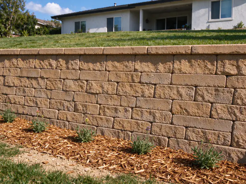 Finished retaining wall with a cap, a level lawn above it and new planting along its base