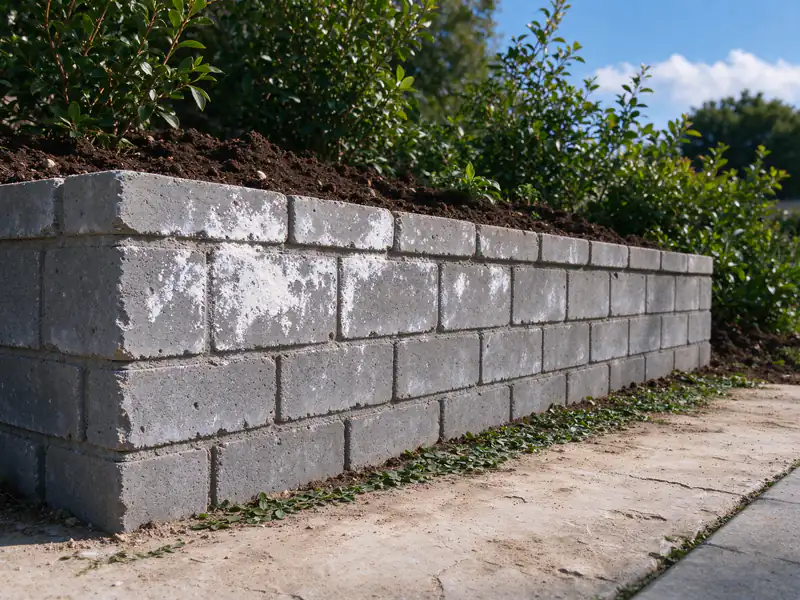 Garden block wall with soil and planting piled against one side and a white bloom on the face of the other