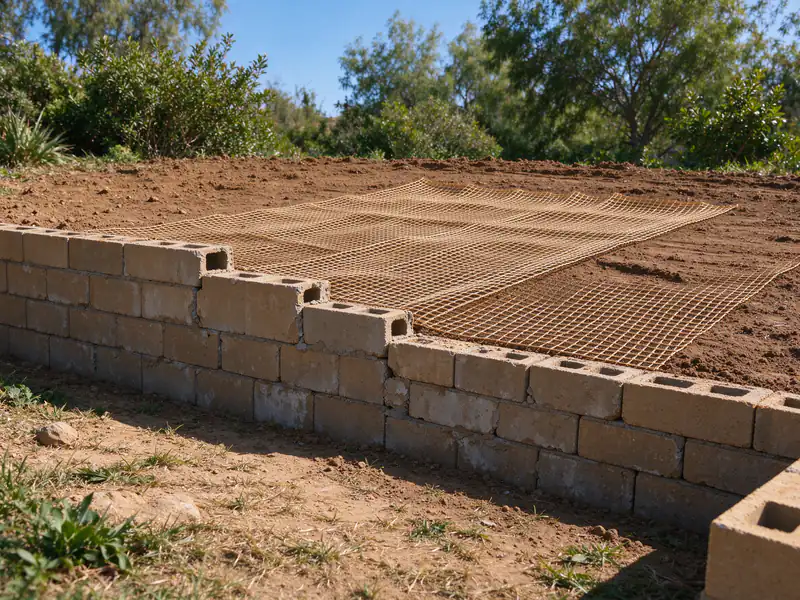 Geogrid sheet unrolled across compacted backfill behind a partly built segmental block wall
