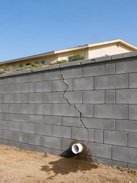 Grouted concrete block retaining wall in a San Diego backyard with a jagged crack running down its face and a damp stain spreading from a drain outlet at its base