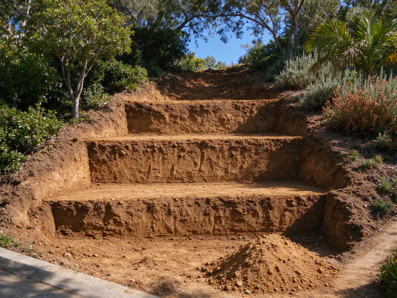 Horizontal benches cut into firm soil on a slope before compacted fill is placed