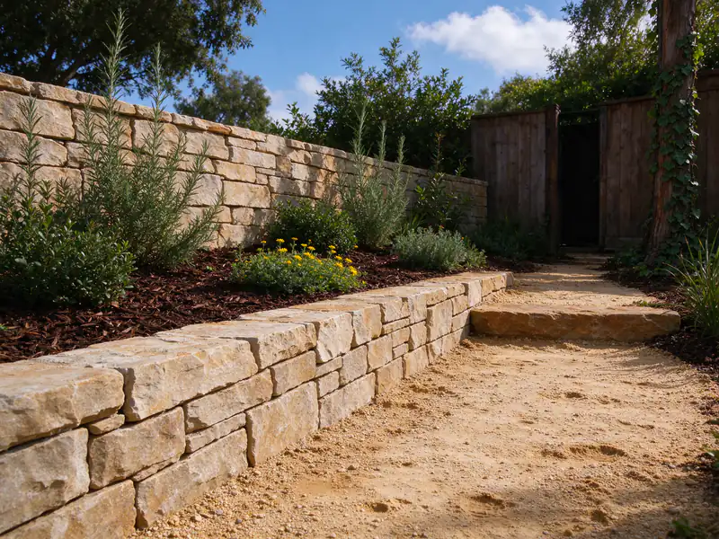 Low dry-stacked natural stone garden wall holding a planted terrace beside a path