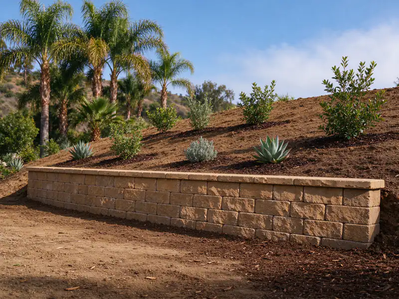 Low retaining wall at the toe of a regraded slope with new planting above it