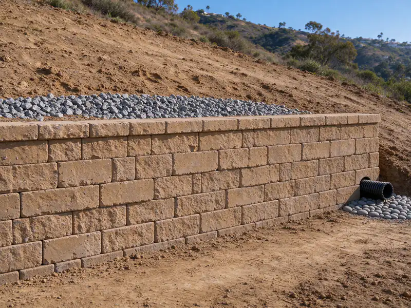 Lower tier of a terraced block retaining wall with gravel and a drain pipe behind it and the upper slope still unfinished