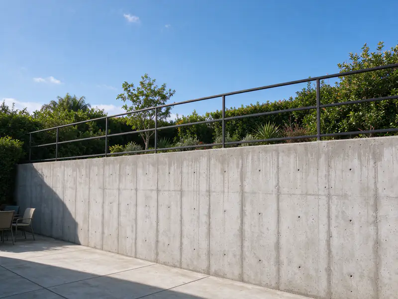 Metal guard rail along the top of a tall retaining wall above a lower patio