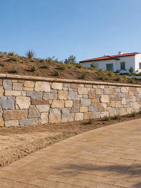 Natural stone-veneer retaining wall curving along a long estate driveway on a Rancho Santa Fe lot