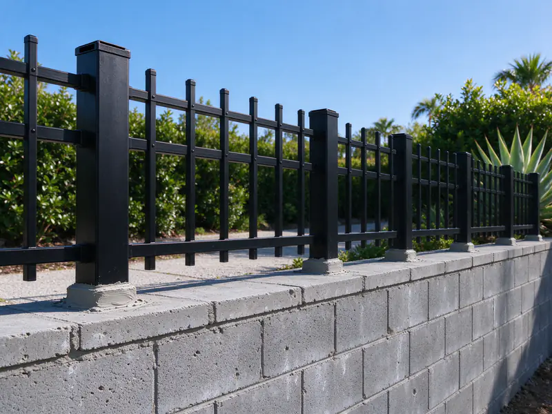 Open aluminum fence with posts set into the cap of a grouted concrete block retaining wall