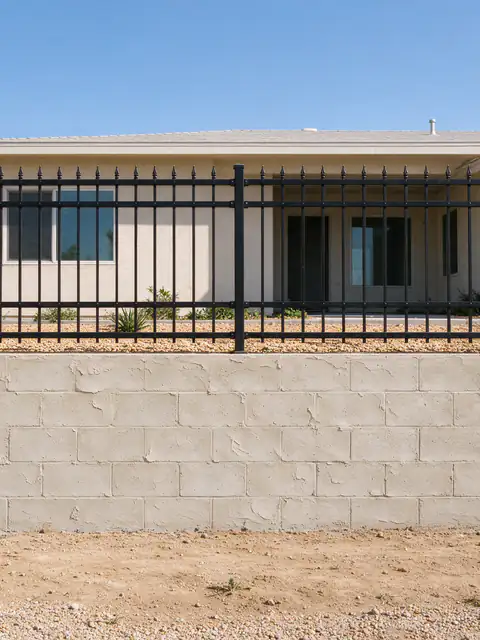 Open metal fence mounted along the top of a stucco-finished concrete block retaining wall above a lower side yard