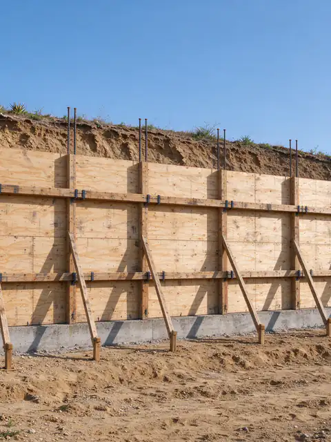 Plywood forms braced along a poured concrete retaining wall stem on a San Diego hillside lot, with steel bars visible at the top of the forms