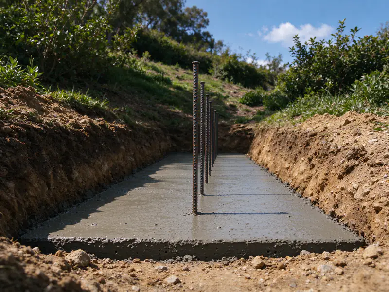 Poured concrete footing for a block retaining wall with a row of steel dowels standing up out of it