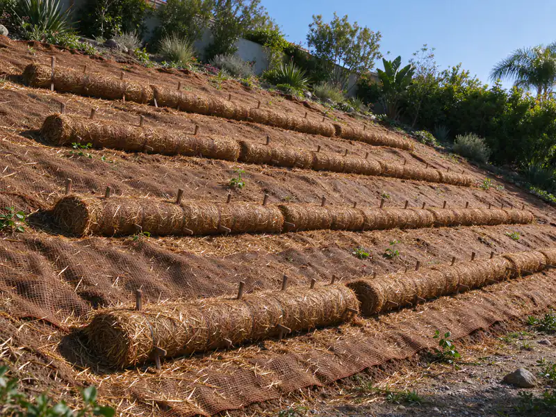 Repaired slope covered with an erosion control blanket and rows of fiber rolls