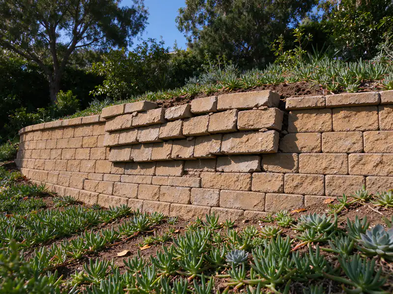 Segmental block retaining wall in San Diego with its top courses leaning outward over a planted slope