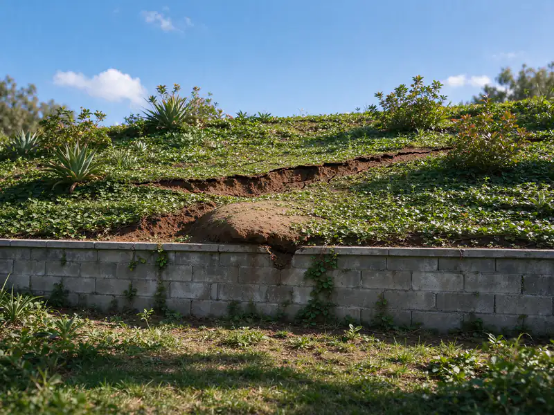 Shallow slump on a planted backyard slope, with a curved crack at the top and bulging soil at the toe