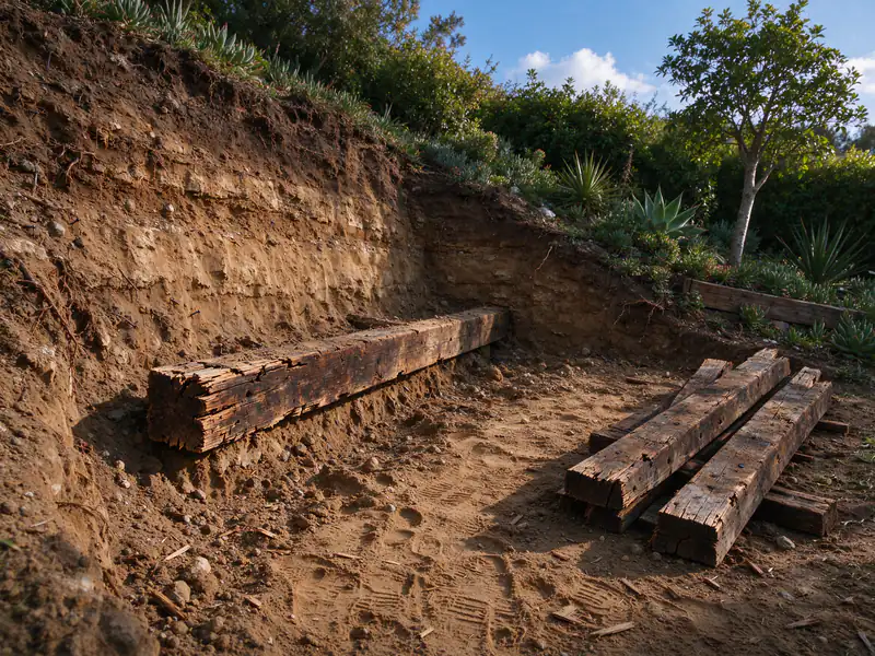 Slope excavated where a timber wall was removed, with a decayed old tie still in the cut and removed ties stacked beside it
