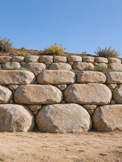 Stacked boulder retaining wall leaning back into a planted hillside, with the largest stones set at its base
