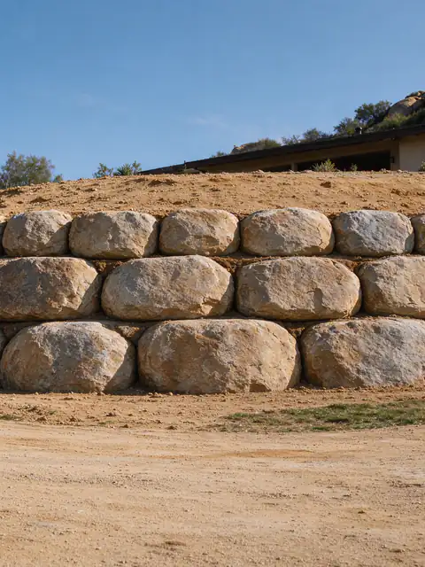 Stacked granite boulder retaining wall holding a decomposed granite slope below a Poway house, with rock outcrops on the hill above
