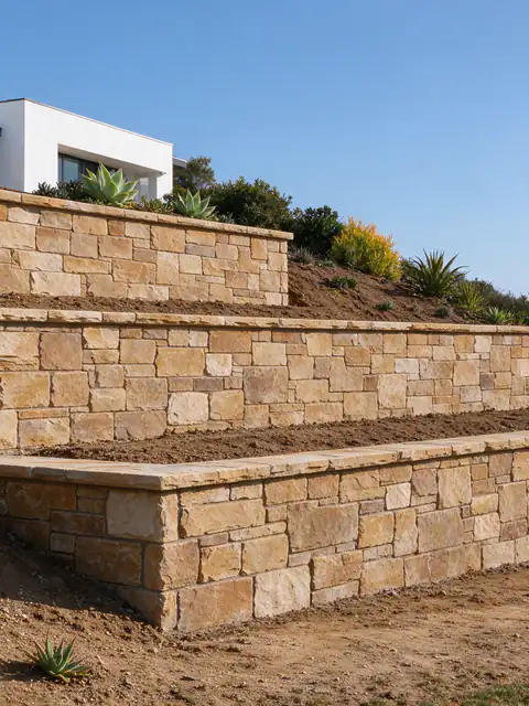 Stone-veneer retaining walls terracing a steep La Jolla hillside lot below a white stucco house, with the ocean far off in the haze