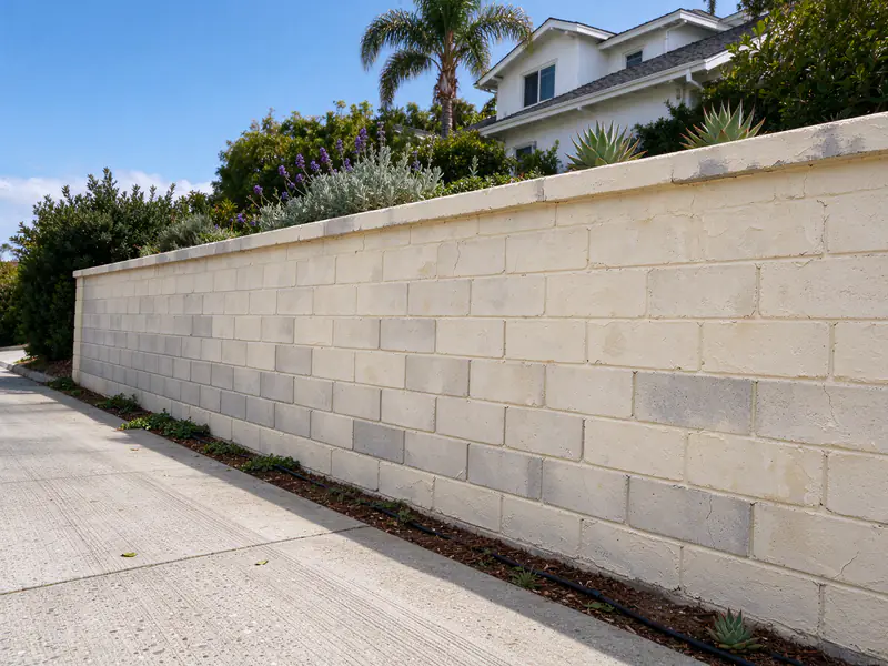 Stucco-finished concrete block retaining wall with a cap along the edge of a sloped residential driveway
