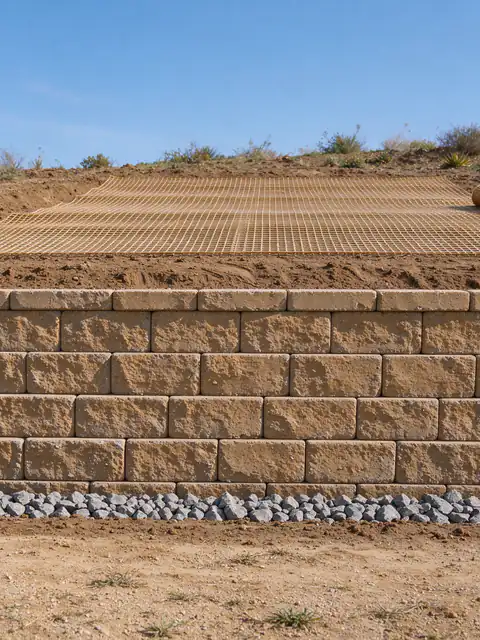 Tan interlocking segmental block retaining wall under construction, with a layer of geogrid rolled back over compacted soil behind the top course