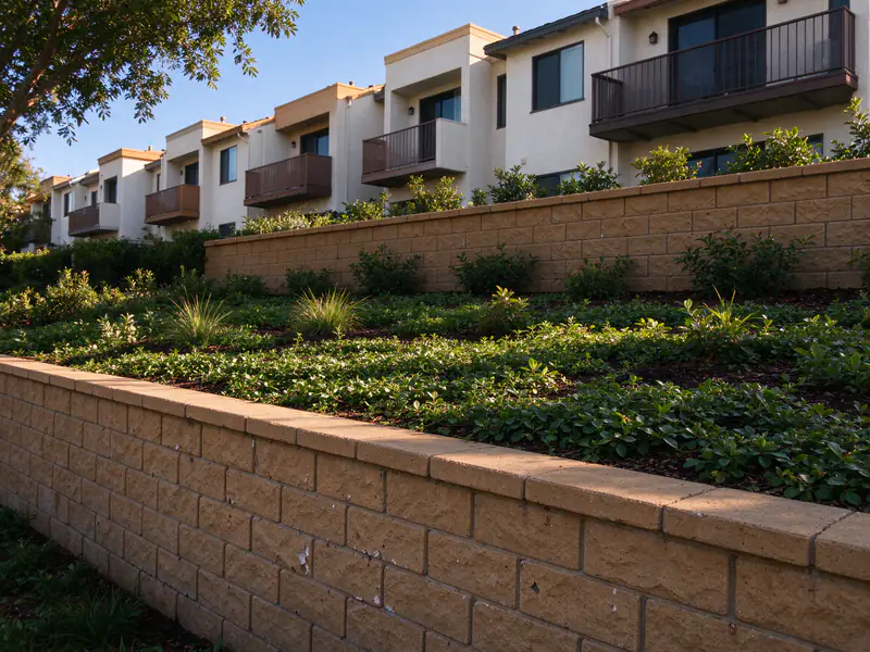 Terraced retaining walls with planting between them behind a row of townhomes