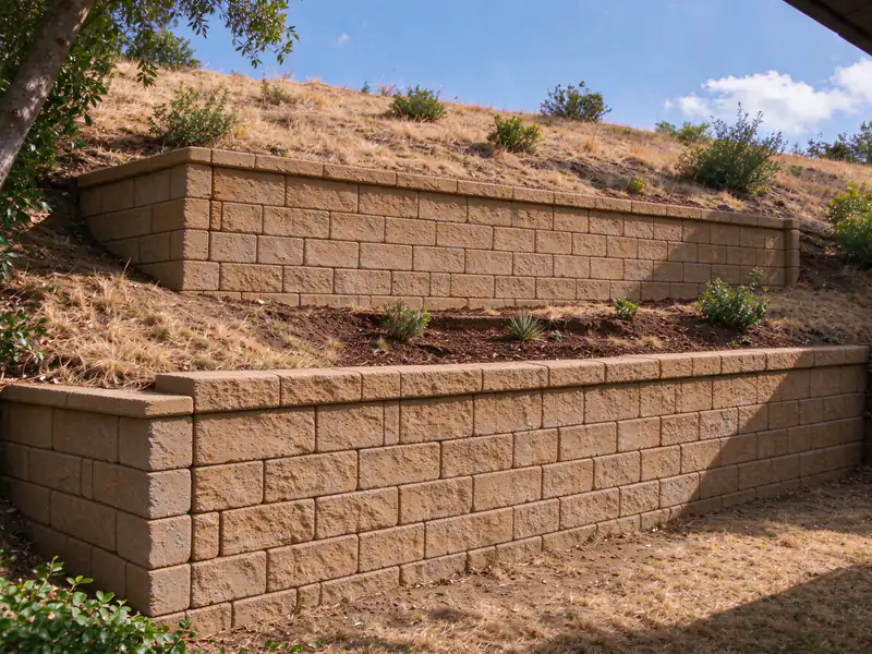 The same slope held by two tiers of segmental block wall with planting between them