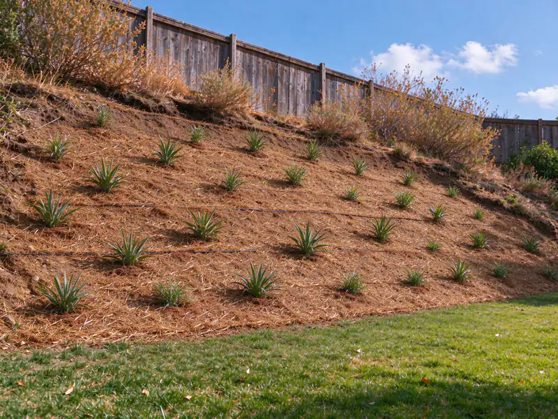 The same slope regraded, covered with erosion control blanket and planted