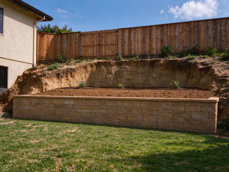 The same yard with a new capped retaining wall and a level, planted terrace above it
