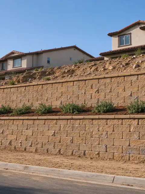 Two tall tiers of segmental block retaining wall holding a rocky hillside behind new homes in San Marcos