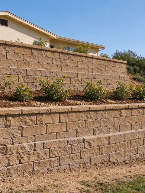 Two terraced segmental block retaining walls stepping up a steep canyon-rim slope behind a San Diego house, with planting between the tiers