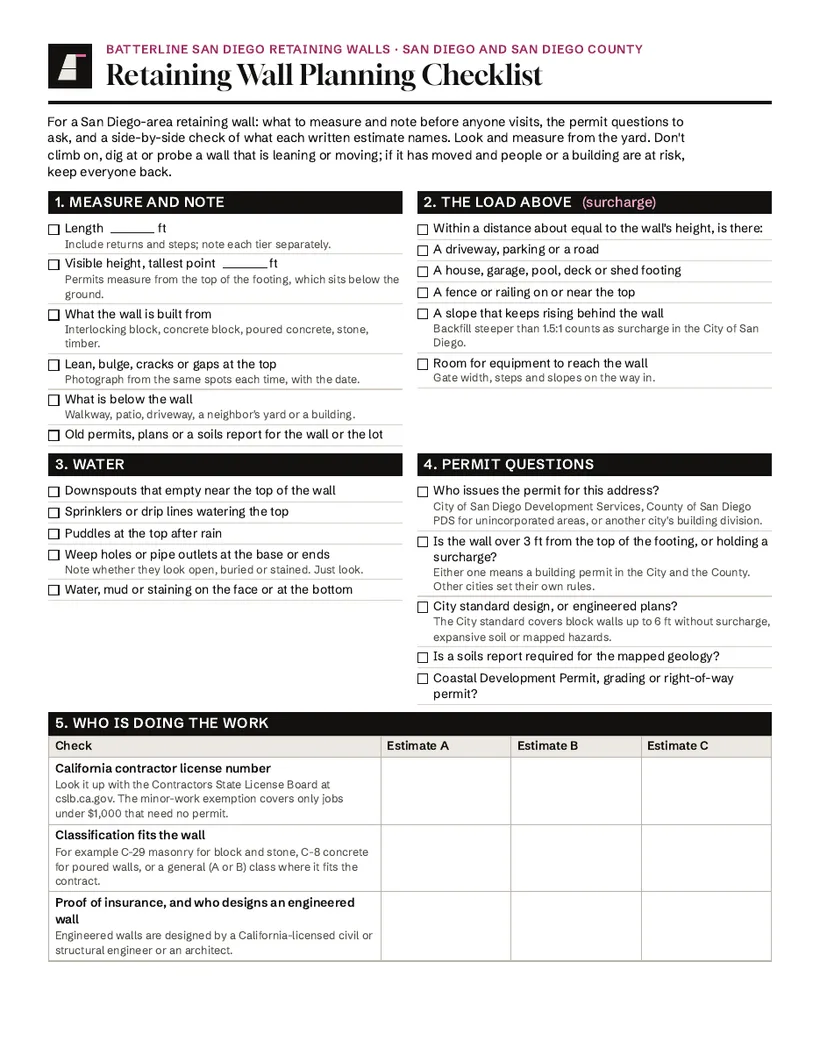First page of the retaining wall planning checklist: boxes for measurements, the load above the wall, water and permit questions, and a table comparing three estimates